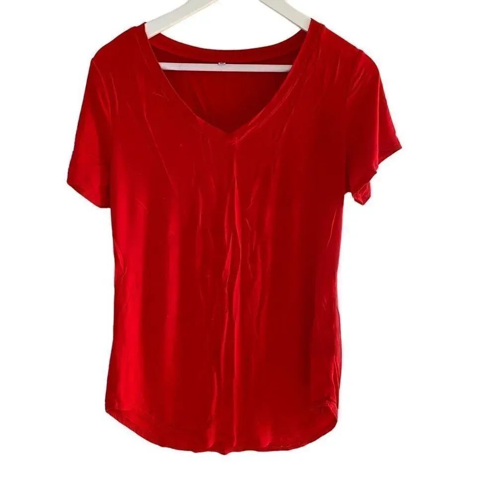 short sleeve red v neck medium blouse stretch 5% spandex